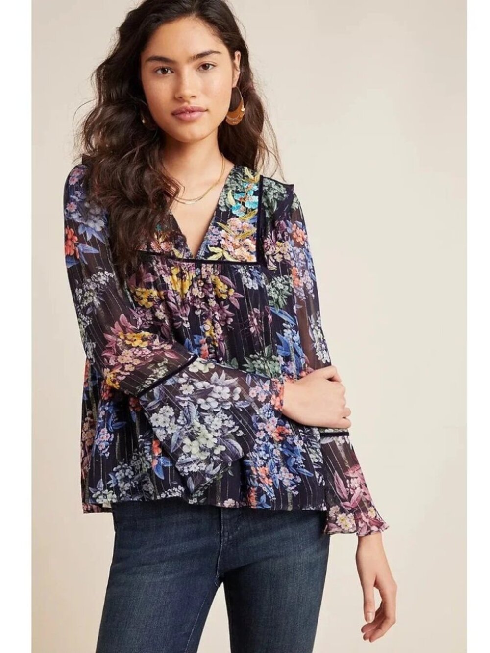 Anthropologie Vineet Bahl Vivienne Embroidered Metallic Floral Boho Blouse Small